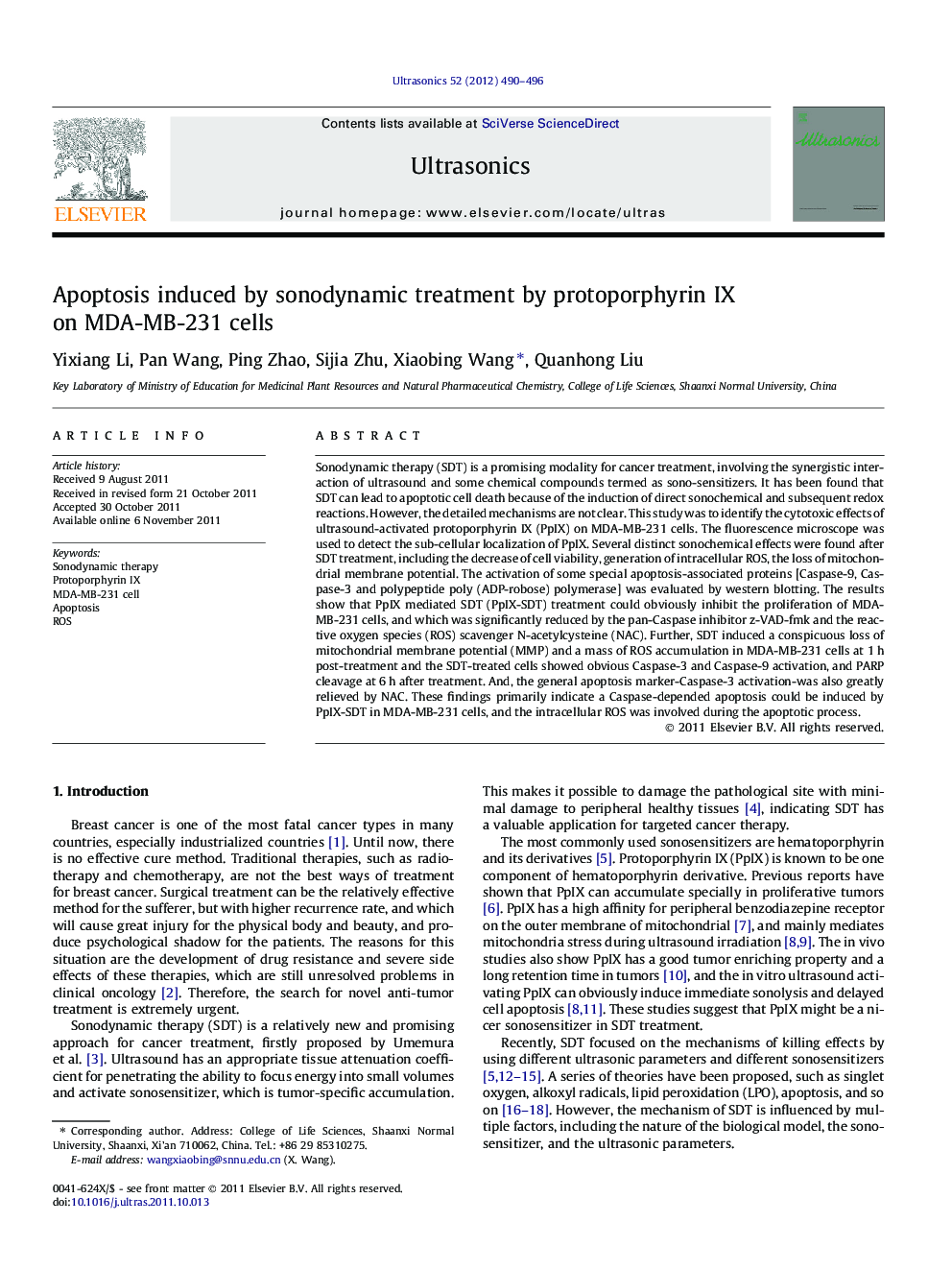 Apoptosis induced by sonodynamic treatment by protoporphyrin IX on MDA-MB-231 cells