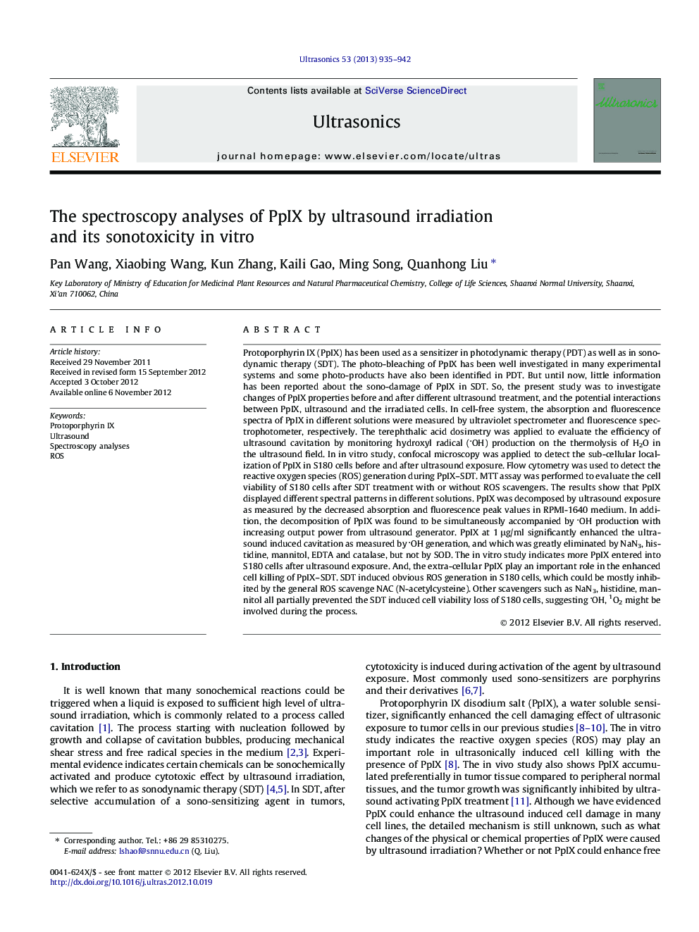 The spectroscopy analyses of PpIX by ultrasound irradiation and its sonotoxicity in vitro