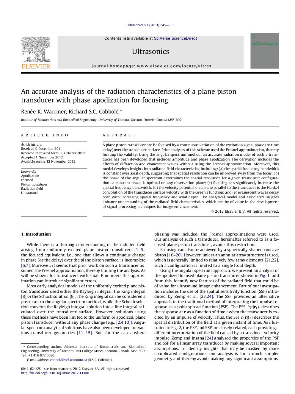 An accurate analysis of the radiation characteristics of a plane piston transducer with phase apodization for focusing