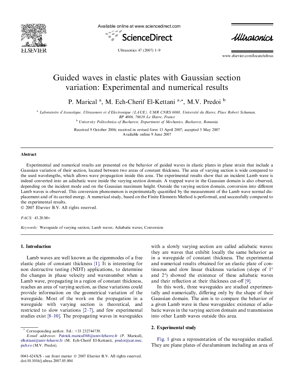 Guided waves in elastic plates with Gaussian section variation: Experimental and numerical results