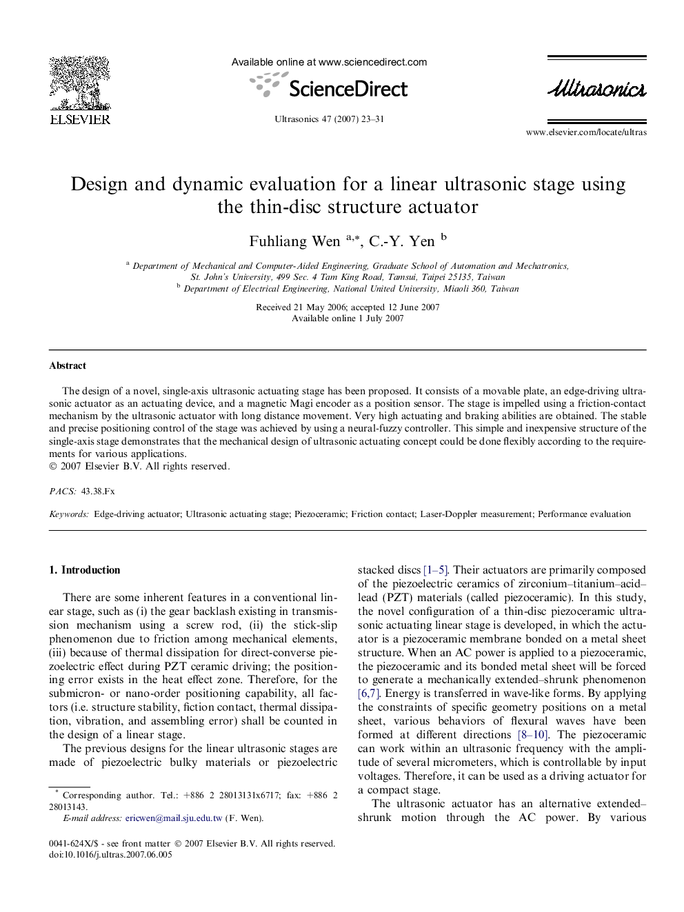 Design and dynamic evaluation for a linear ultrasonic stage using the thin-disc structure actuator