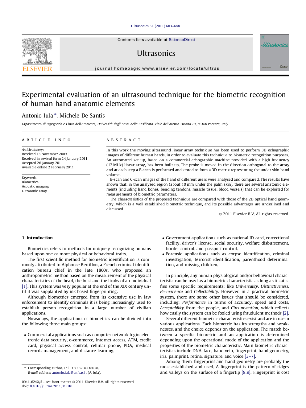 Experimental evaluation of an ultrasound technique for the biometric recognition of human hand anatomic elements