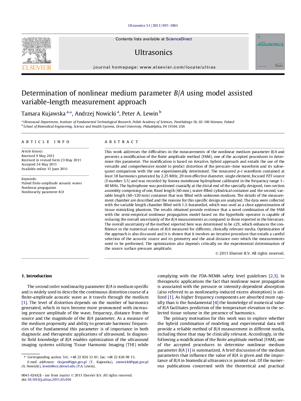 Determination of nonlinear medium parameter B/A using model assisted variable-length measurement approach