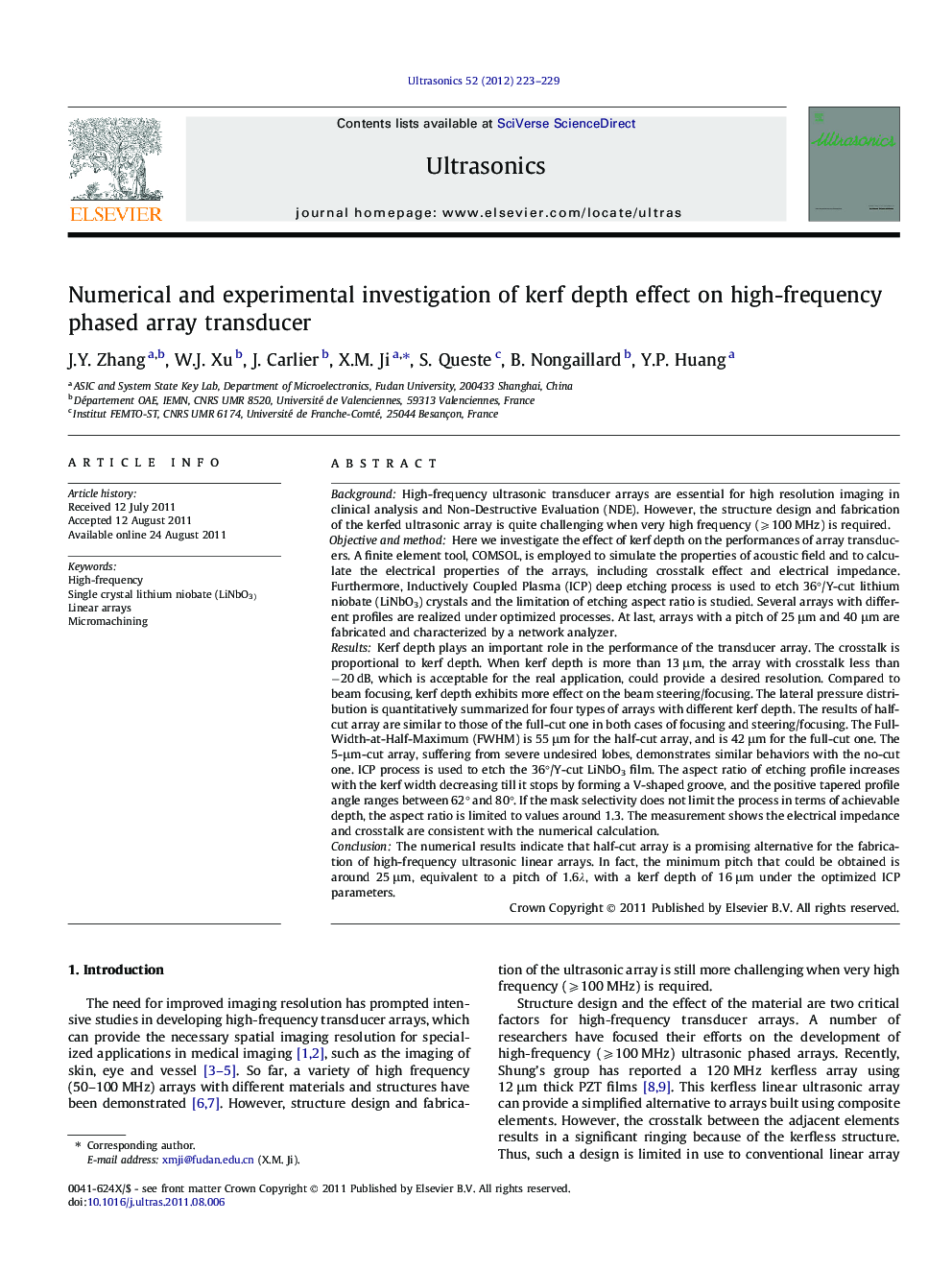 Numerical and experimental investigation of kerf depth effect on high-frequency phased array transducer