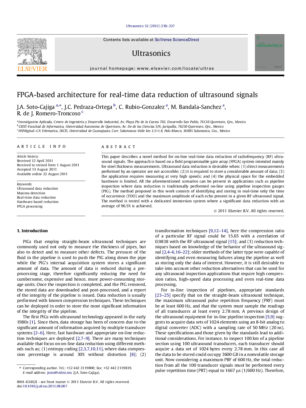 FPGA-based architecture for real-time data reduction of ultrasound signals