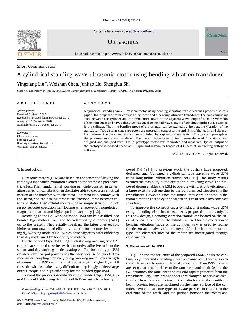 A cylindrical standing wave ultrasonic motor using bending vibration transducer