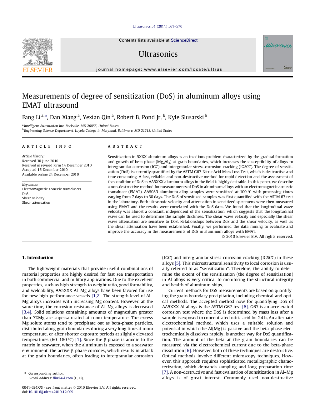 Measurements of degree of sensitization (DoS) in aluminum alloys using EMAT ultrasound