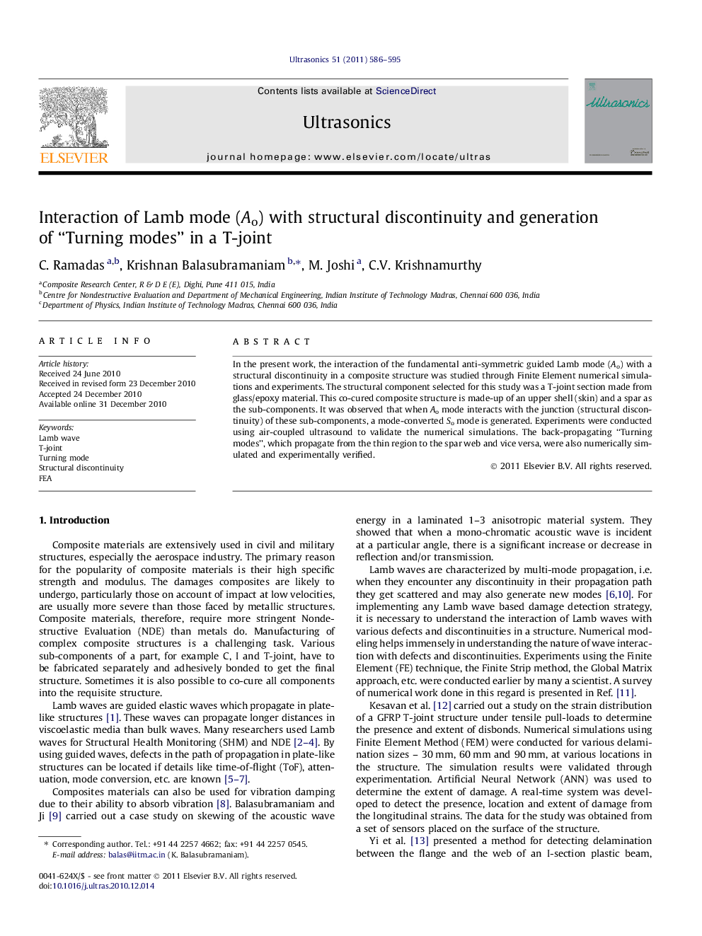 Interaction of Lamb mode (Ao) with structural discontinuity and generation of “Turning modes” in a T-joint