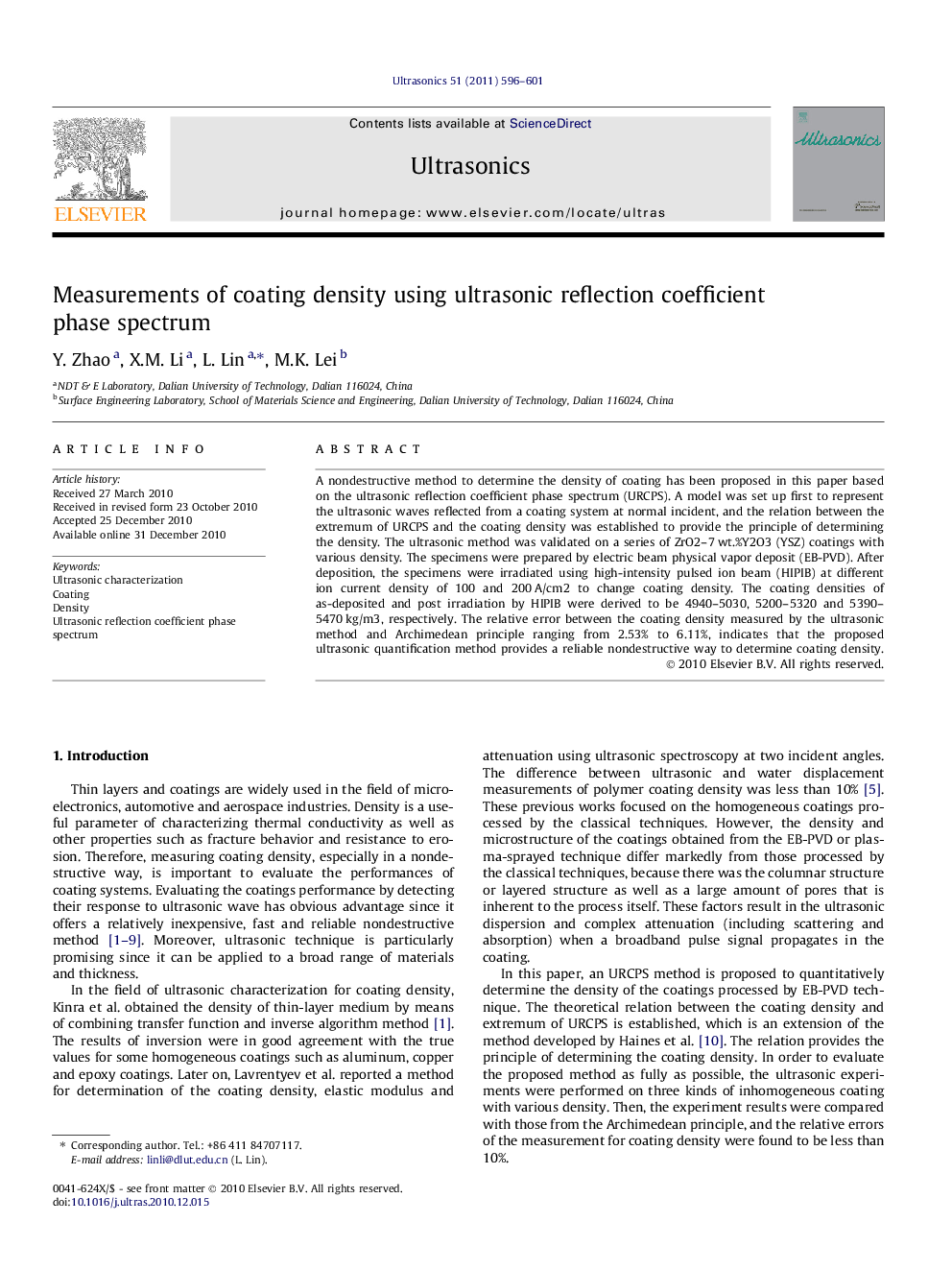 Measurements of coating density using ultrasonic reflection coefficient phase spectrum