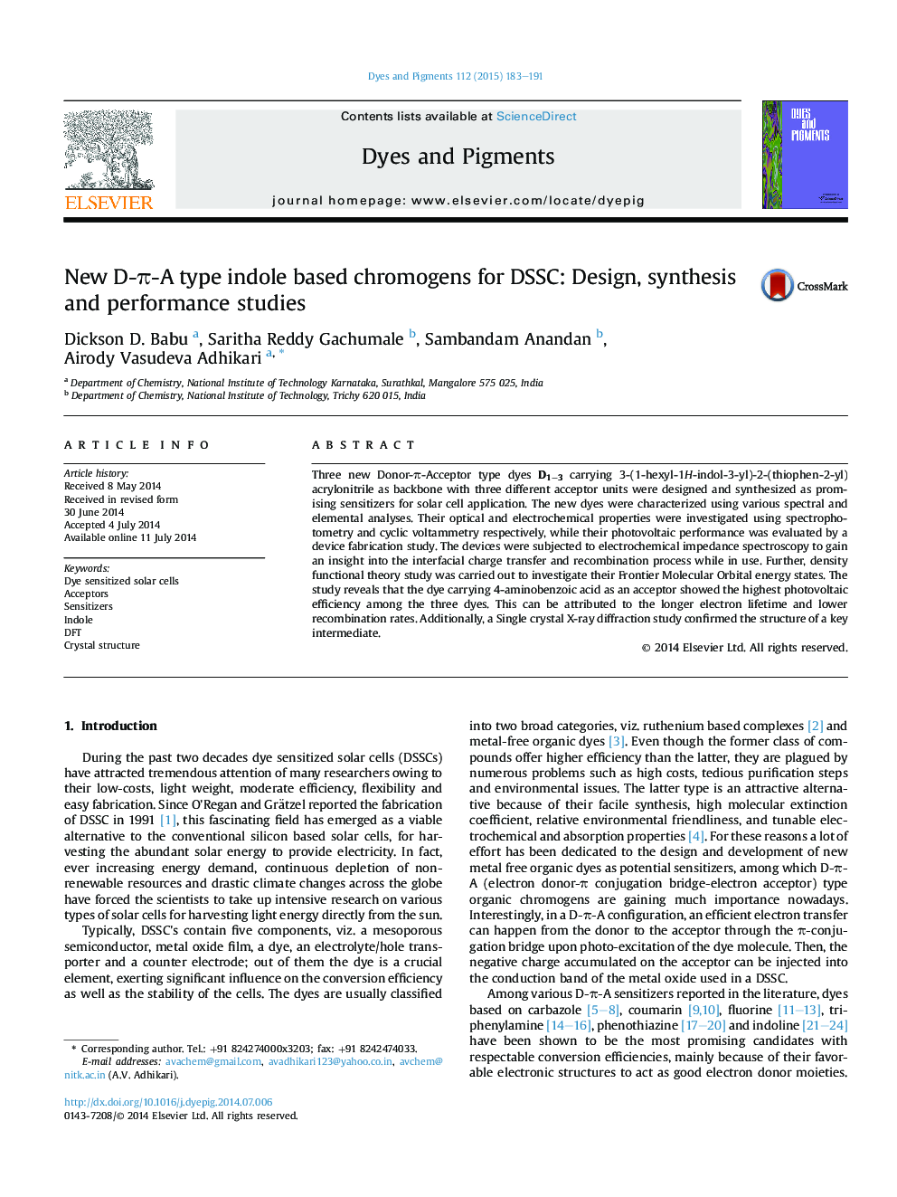 New D-π-A type indole based chromogens for DSSC: Design, synthesis and performance studies