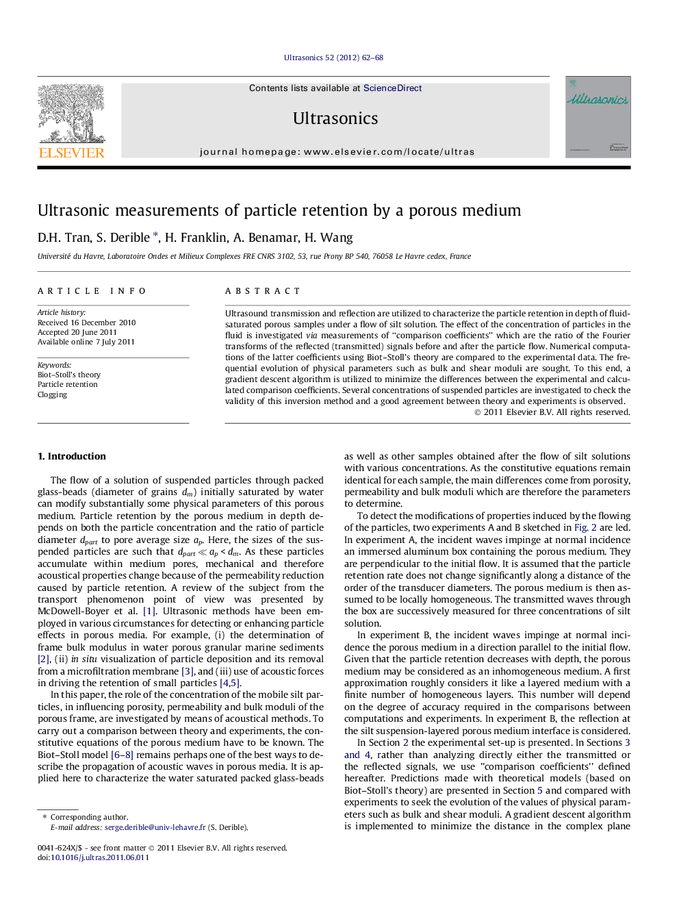 Ultrasonic measurements of particle retention by a porous medium