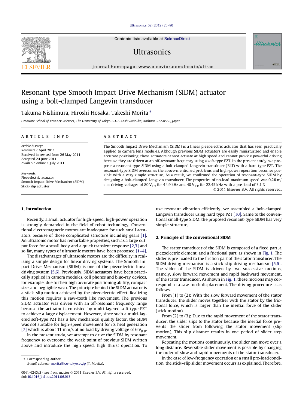 Resonant-type Smooth Impact Drive Mechanism (SIDM) actuator using a bolt-clamped Langevin transducer