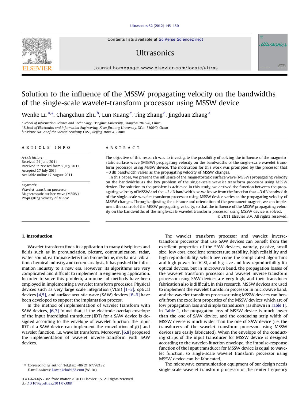 Solution to the influence of the MSSW propagating velocity on the bandwidths of the single-scale wavelet-transform processor using MSSW device