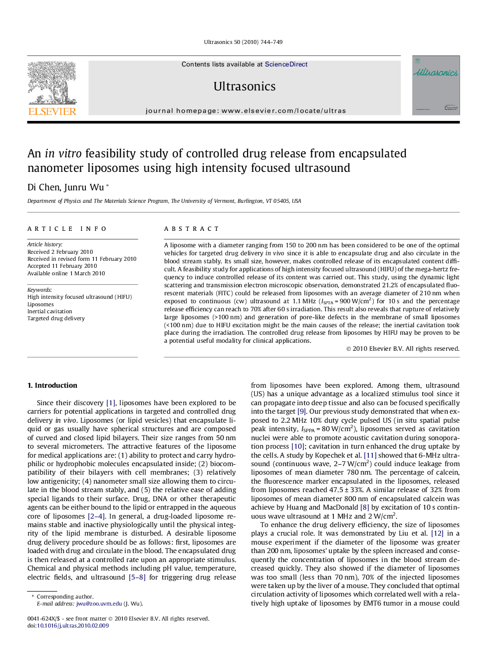 An in vitro feasibility study of controlled drug release from encapsulated nanometer liposomes using high intensity focused ultrasound