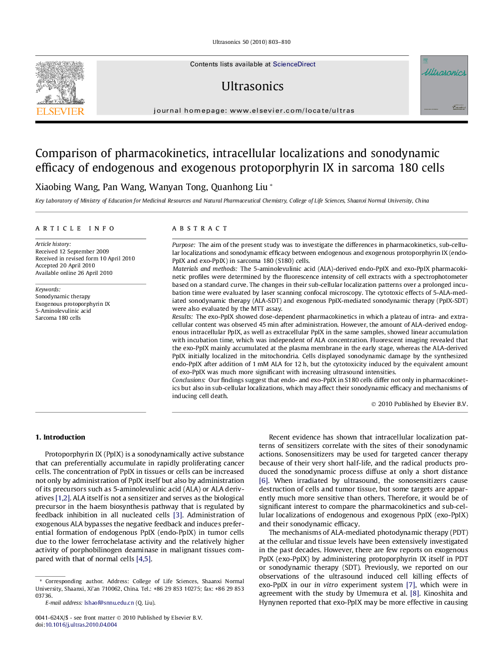 Comparison of pharmacokinetics, intracellular localizations and sonodynamic efficacy of endogenous and exogenous protoporphyrin IX in sarcoma 180 cells