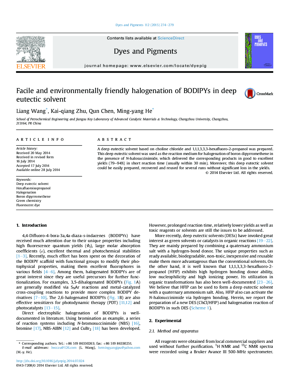 Facile and environmentally friendly halogenation of BODIPYs in deep eutectic solvent