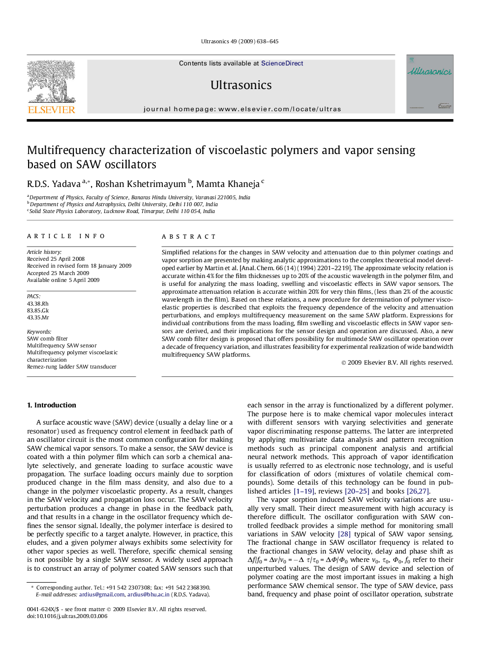 Multifrequency characterization of viscoelastic polymers and vapor sensing based on SAW oscillators
