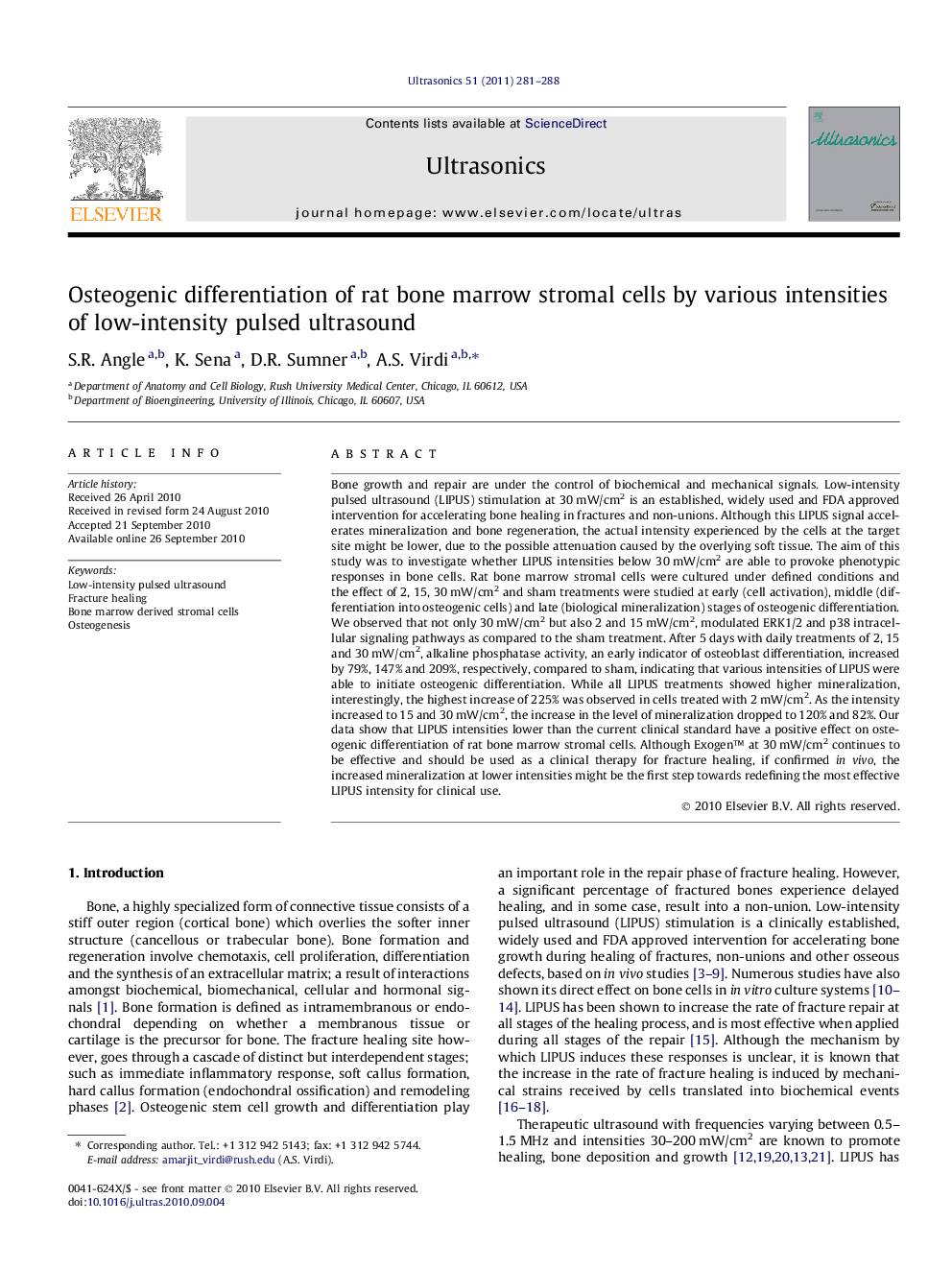 Osteogenic differentiation of rat bone marrow stromal cells by various intensities of low-intensity pulsed ultrasound