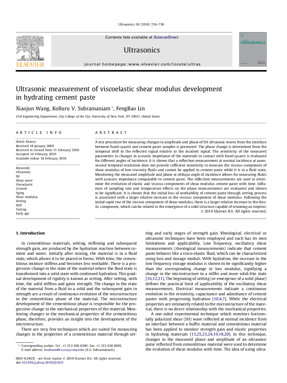 Ultrasonic measurement of viscoelastic shear modulus development in hydrating cement paste