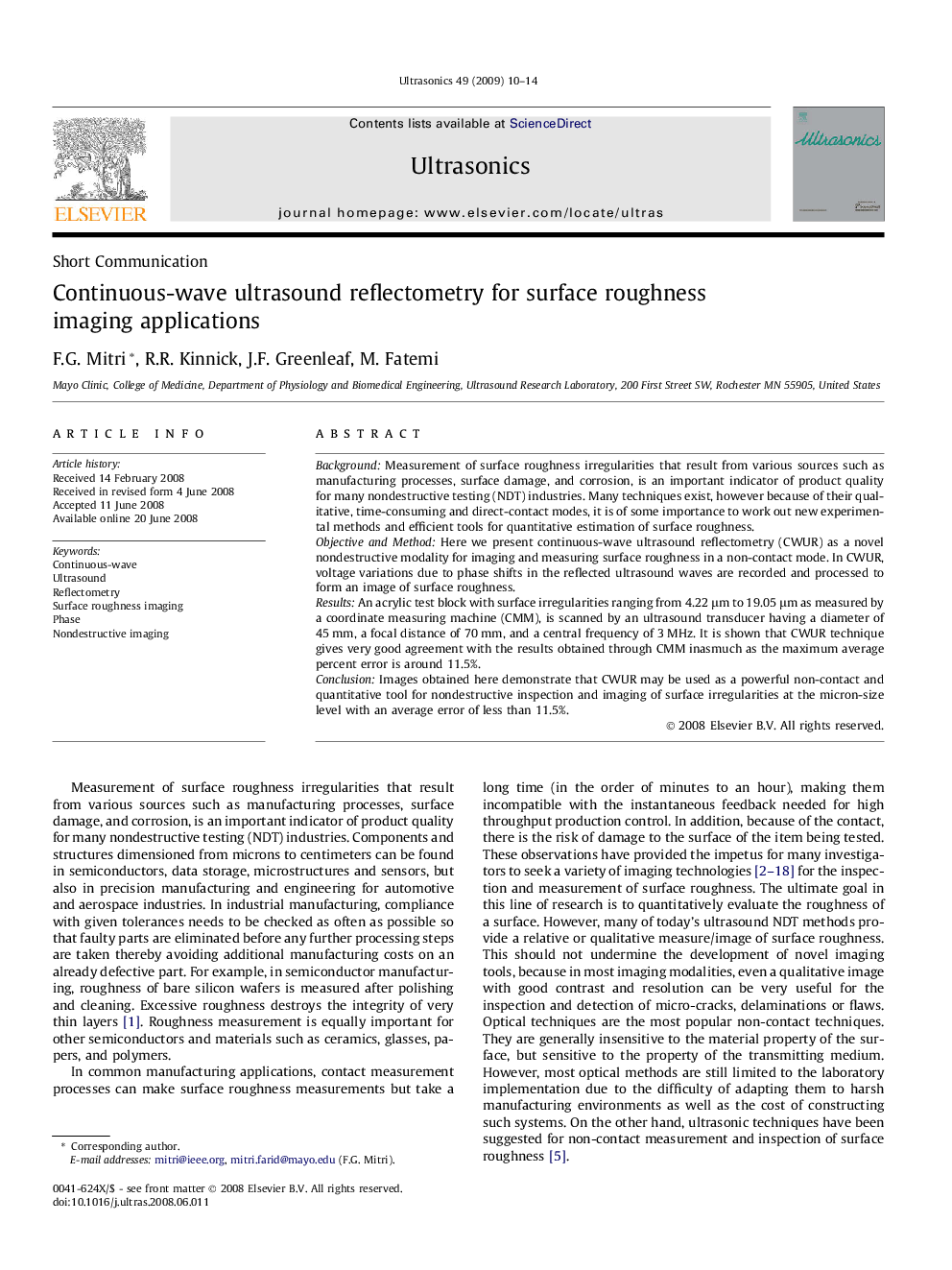 Continuous-wave ultrasound reflectometry for surface roughness imaging applications