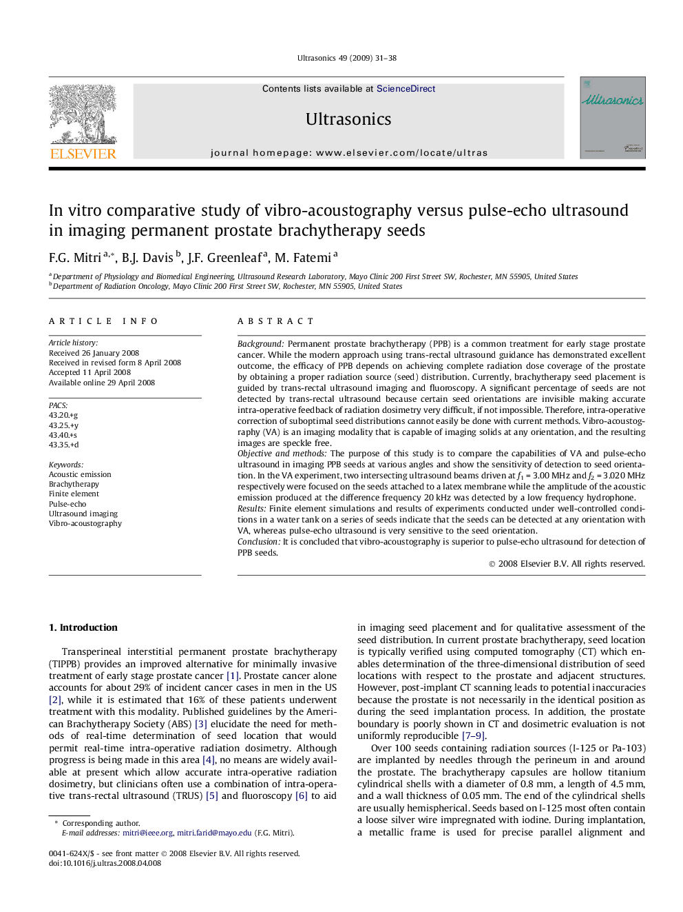 In vitro comparative study of vibro-acoustography versus pulse-echo ultrasound in imaging permanent prostate brachytherapy seeds