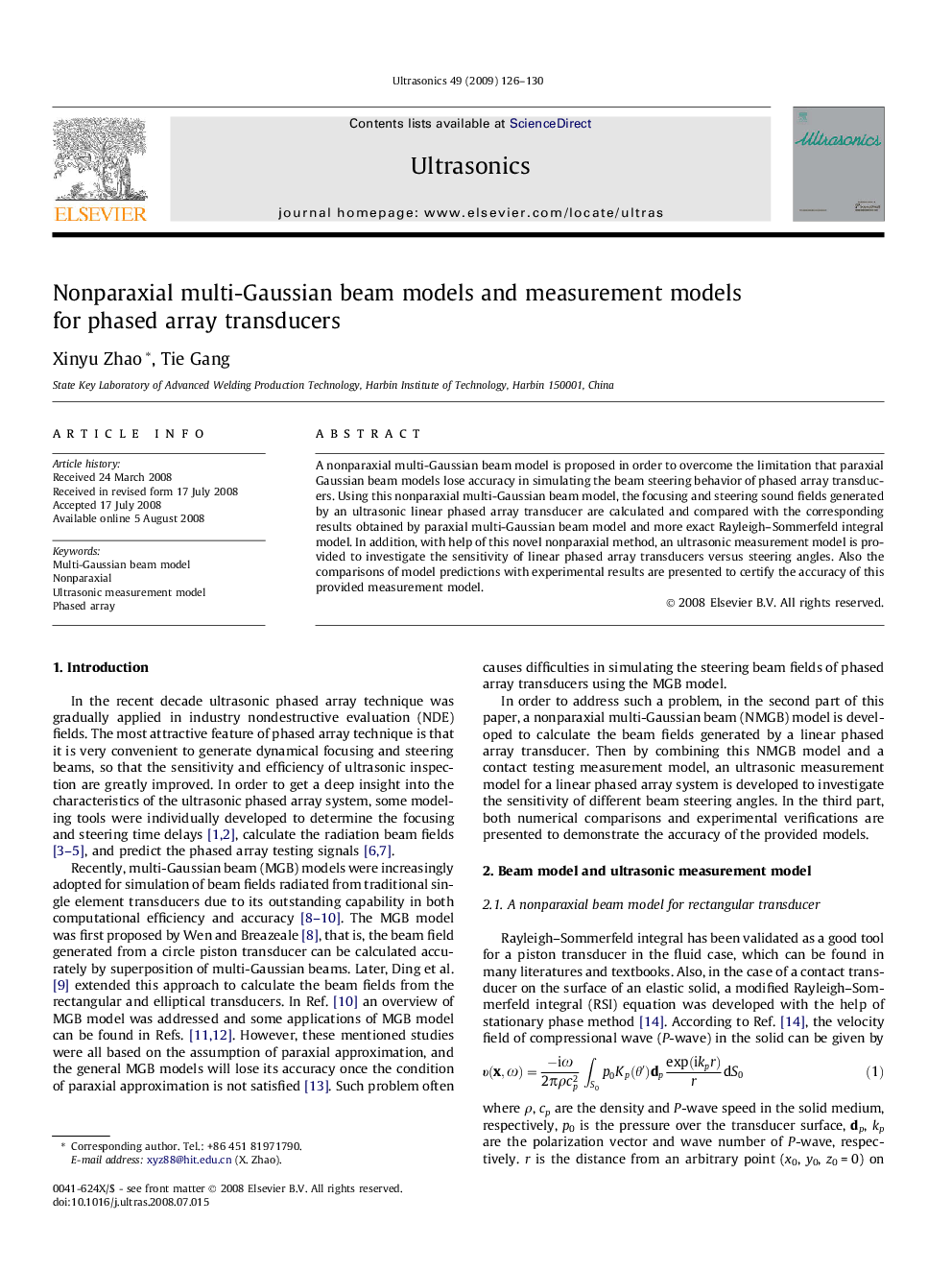 عکس صفحه اول مقاله: Nonparaxial multi-Gaussian beam models and measurement models for phased array transducers Nonparaxial multi-Gaussian beam models and measurement models for phased array transducers