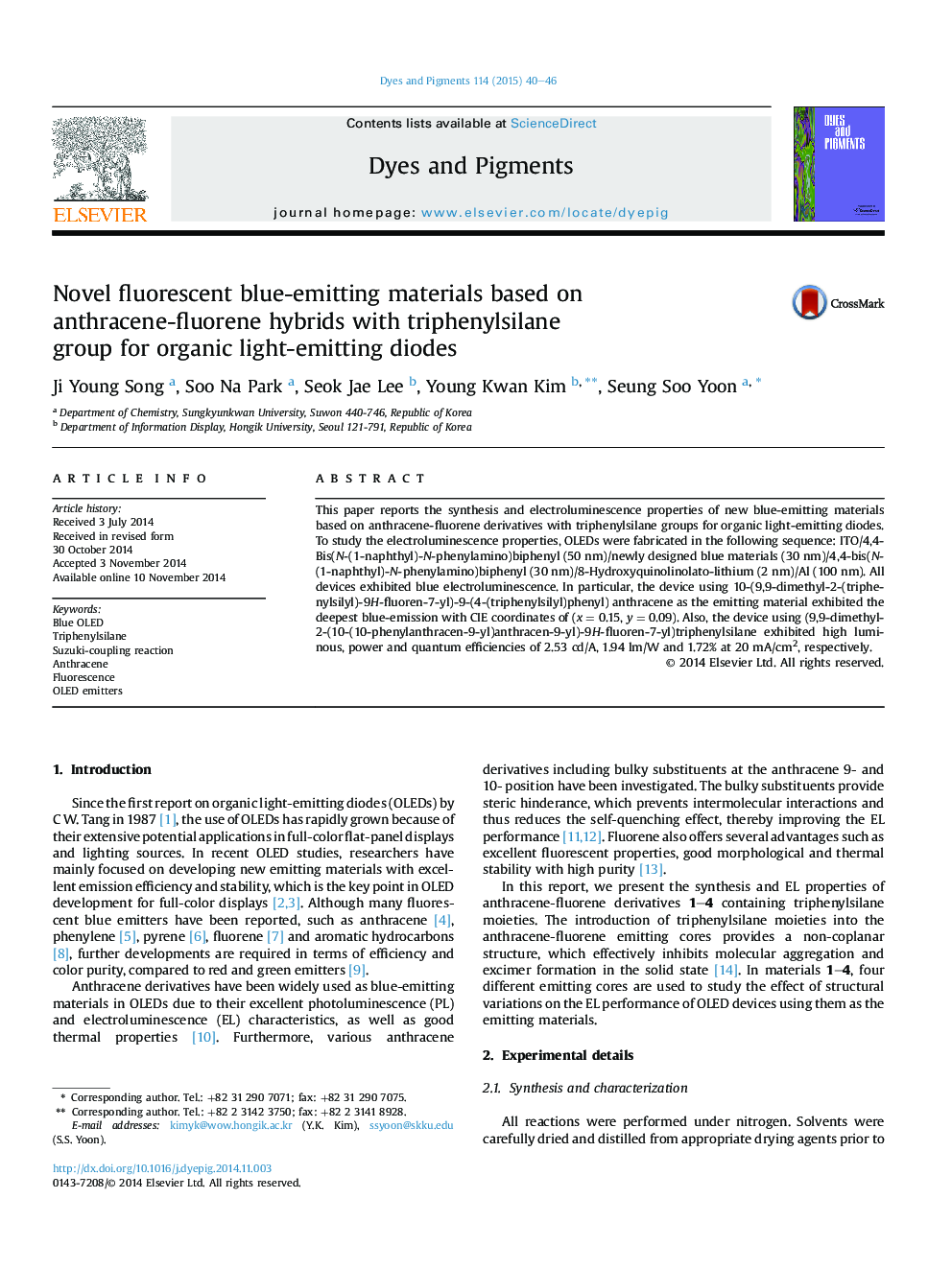 Novel fluorescent blue-emitting materials based on anthracene-fluorene hybrids with triphenylsilane group for organic light-emitting diodes