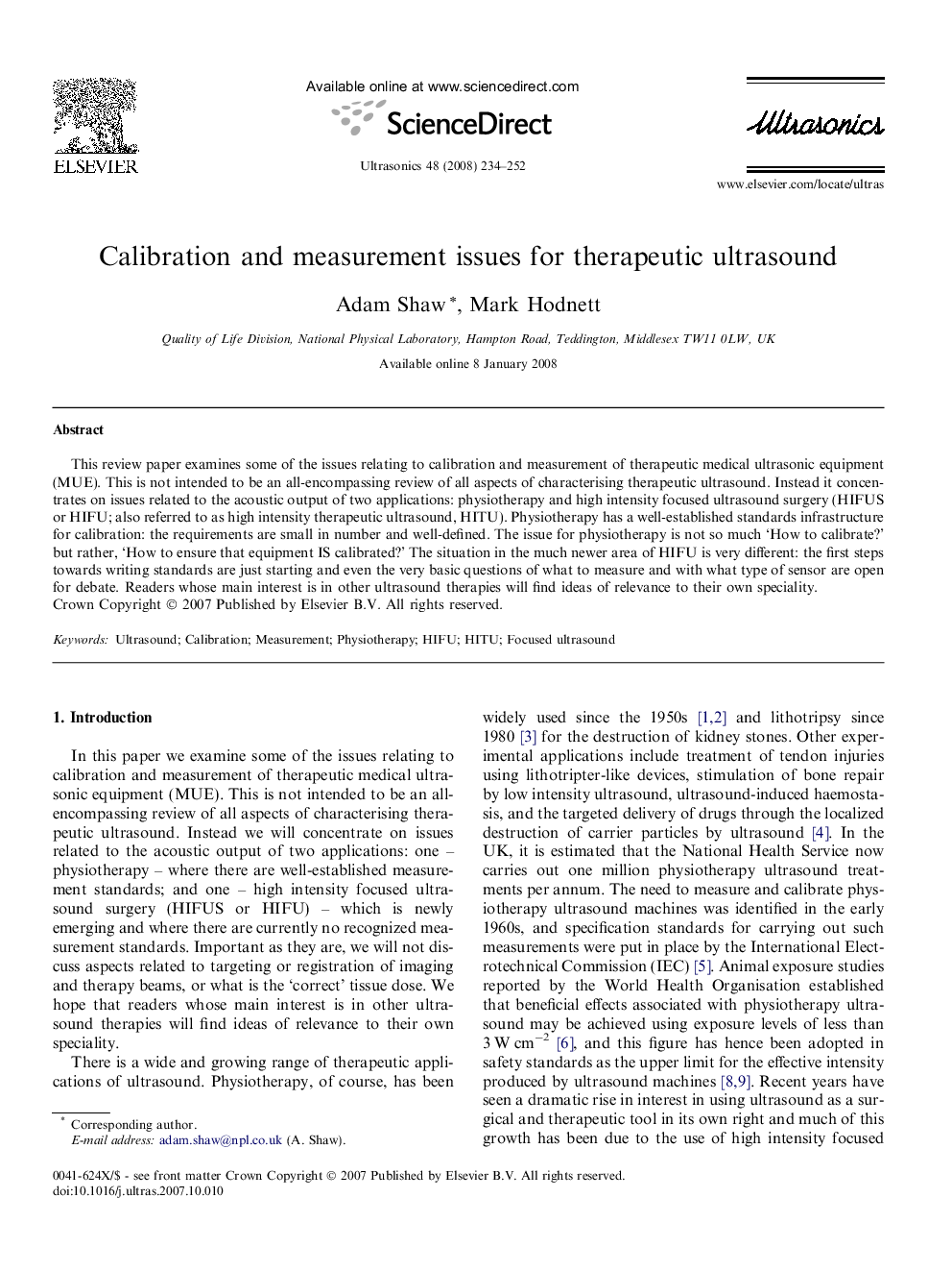 Calibration and measurement issues for therapeutic ultrasound