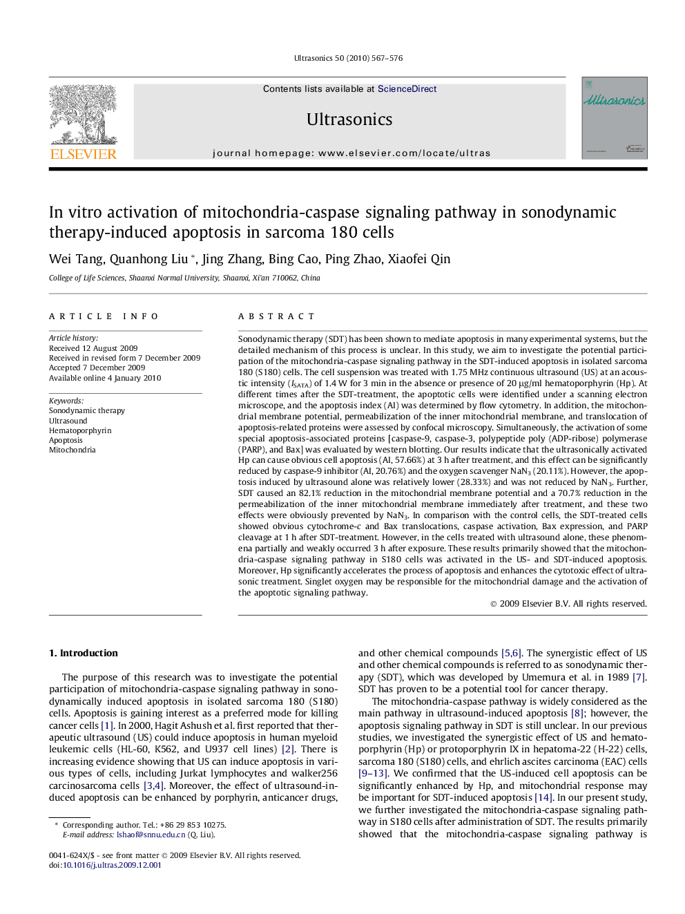 In vitro activation of mitochondria-caspase signaling pathway in sonodynamic therapy-induced apoptosis in sarcoma 180 cells