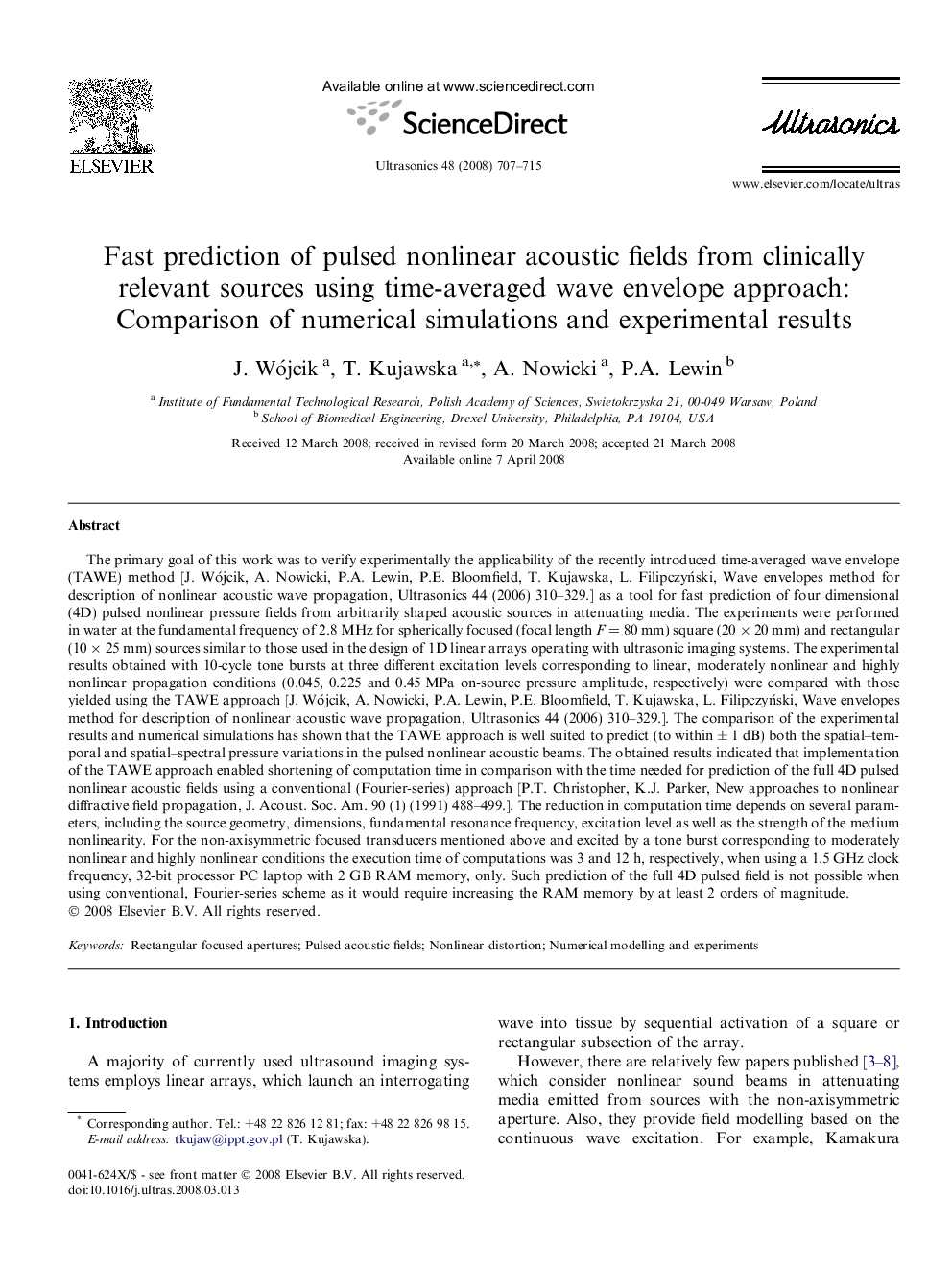 Fast prediction of pulsed nonlinear acoustic fields from clinically relevant sources using time-averaged wave envelope approach: Comparison of numerical simulations and experimental results