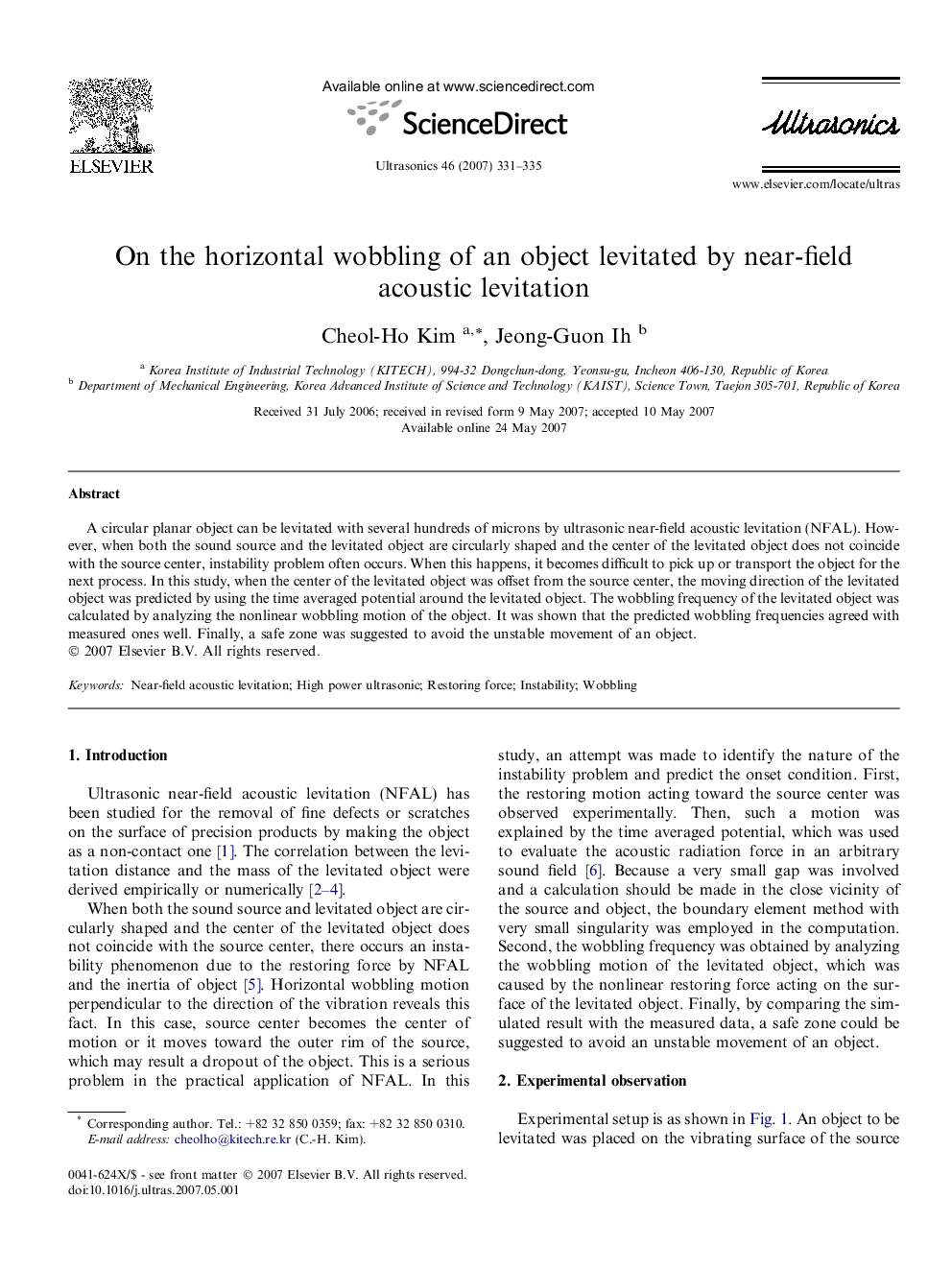 On the horizontal wobbling of an object levitated by near-field acoustic levitation