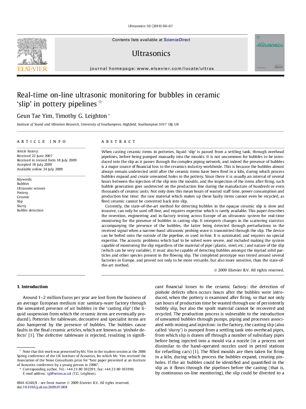 Real-time on-line ultrasonic monitoring for bubbles in ceramic ‘slip’ in pottery pipelines 