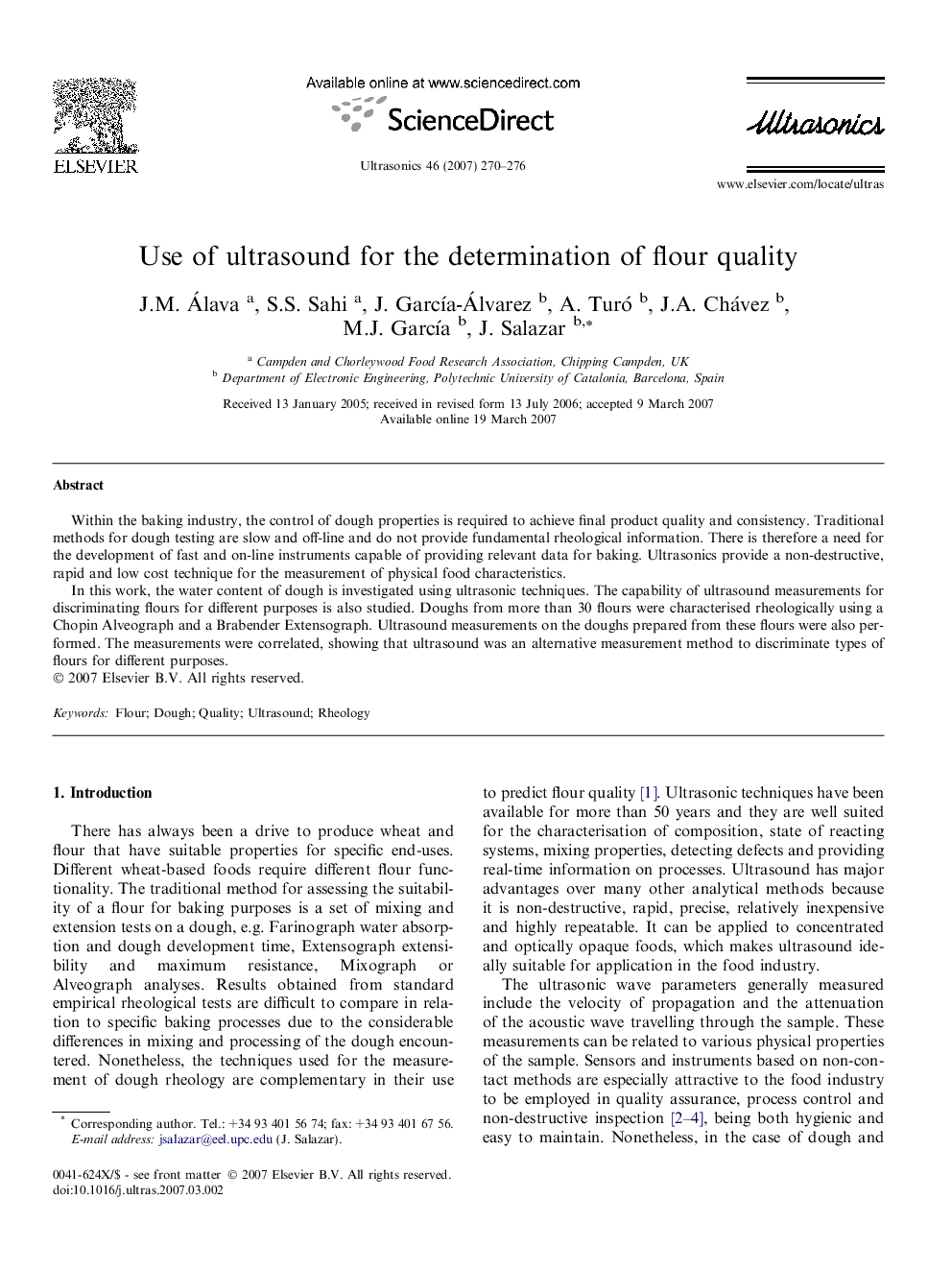 Use of ultrasound for the determination of flour quality