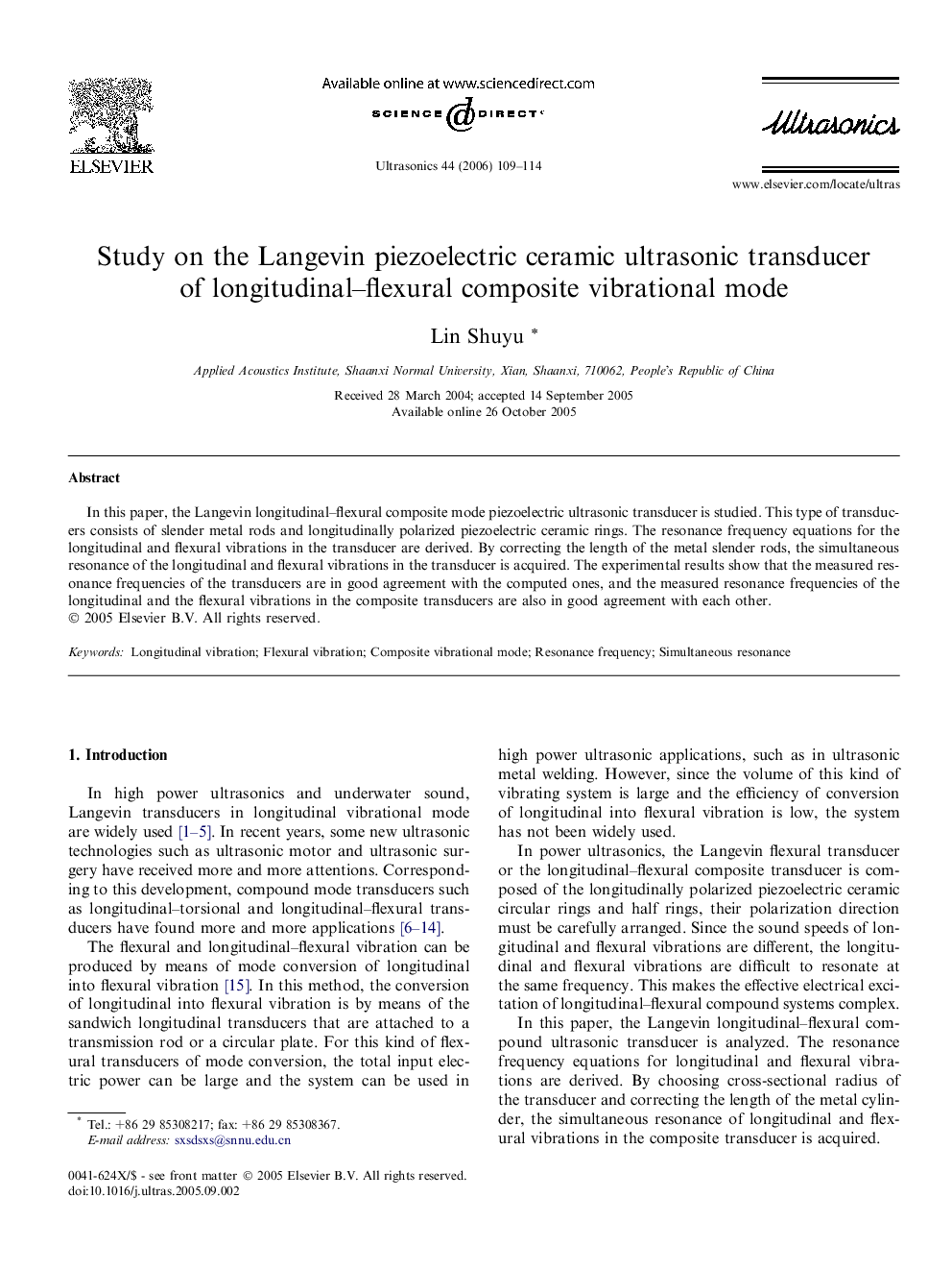 Study on the Langevin piezoelectric ceramic ultrasonic transducer of longitudinal–flexural composite vibrational mode