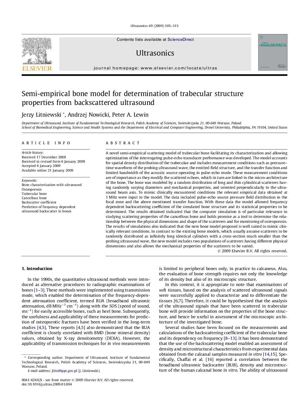 Semi-empirical bone model for determination of trabecular structure properties from backscattered ultrasound