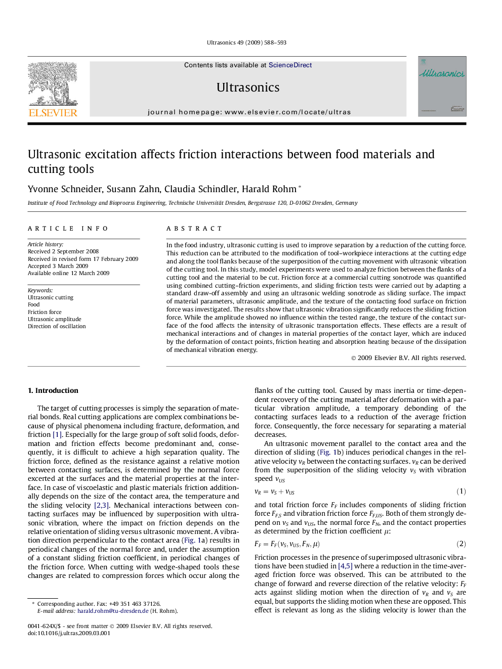 Ultrasonic excitation affects friction interactions between food materials and cutting tools