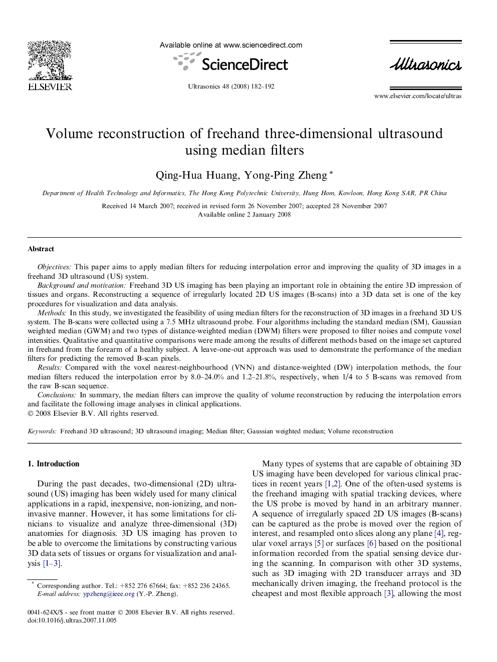 Volume reconstruction of freehand three-dimensional ultrasound using median filters