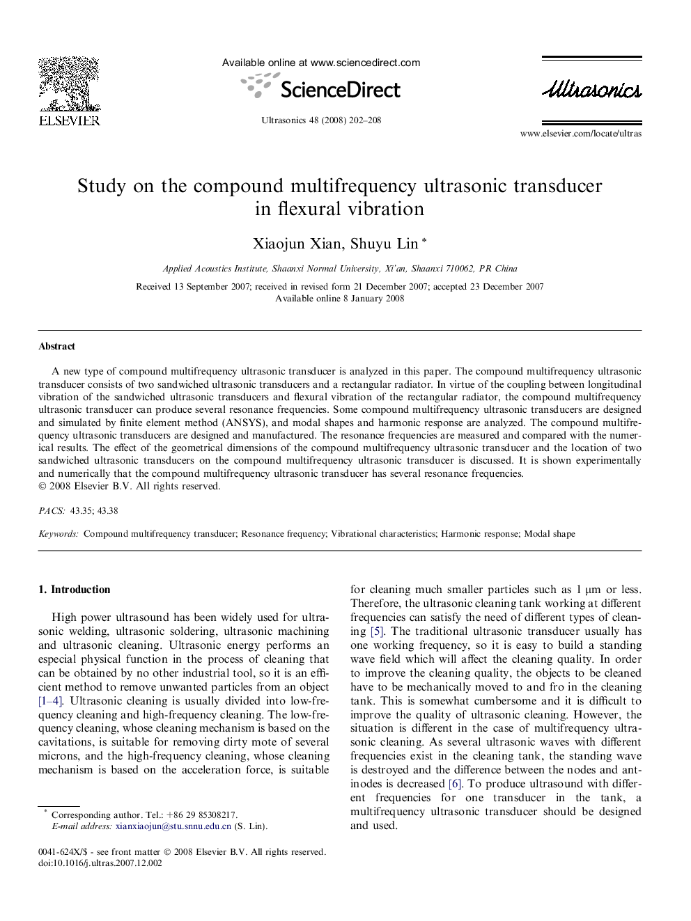 Study on the compound multifrequency ultrasonic transducer in flexural vibration