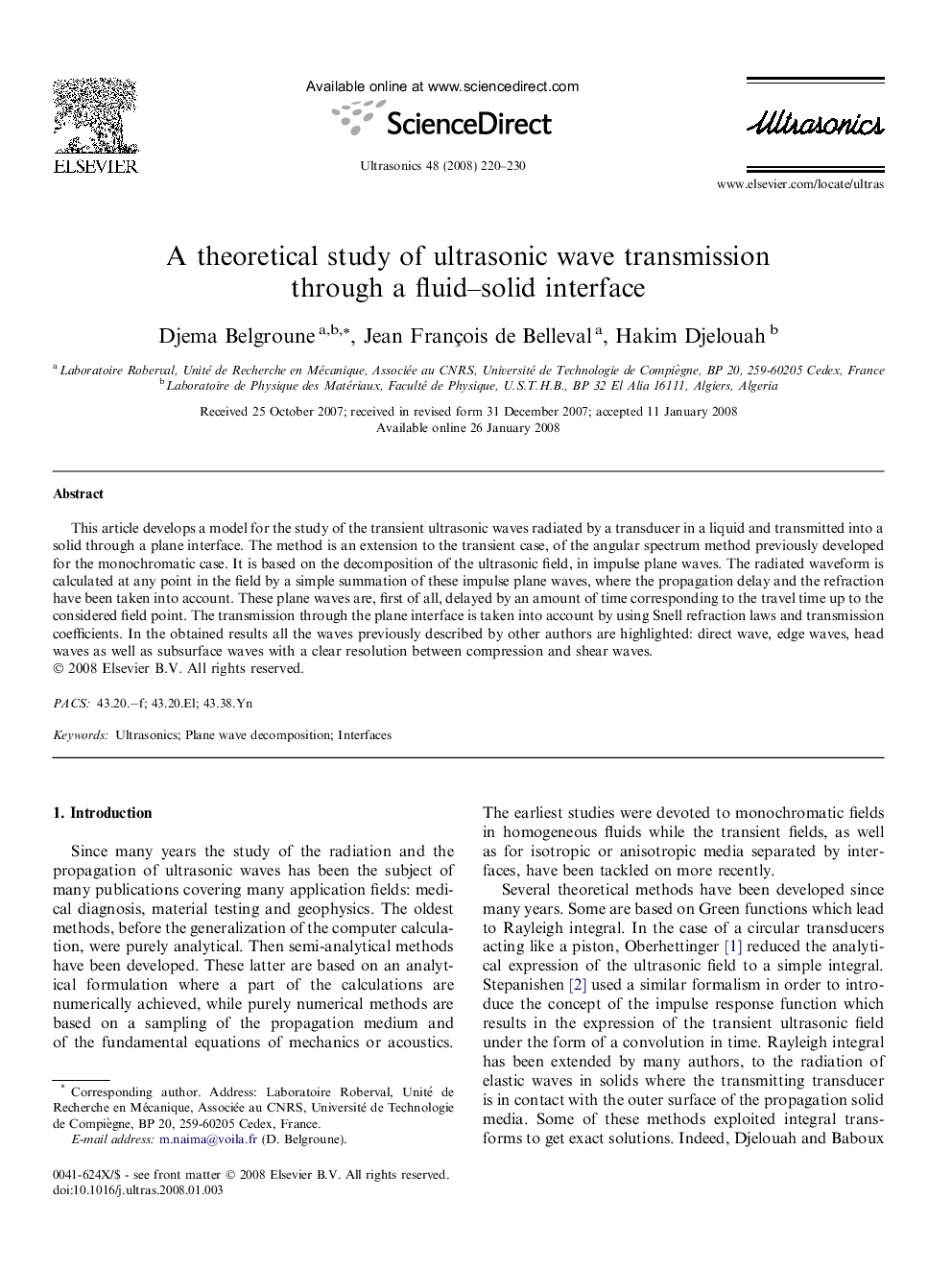 A theoretical study of ultrasonic wave transmission through a fluid–solid interface