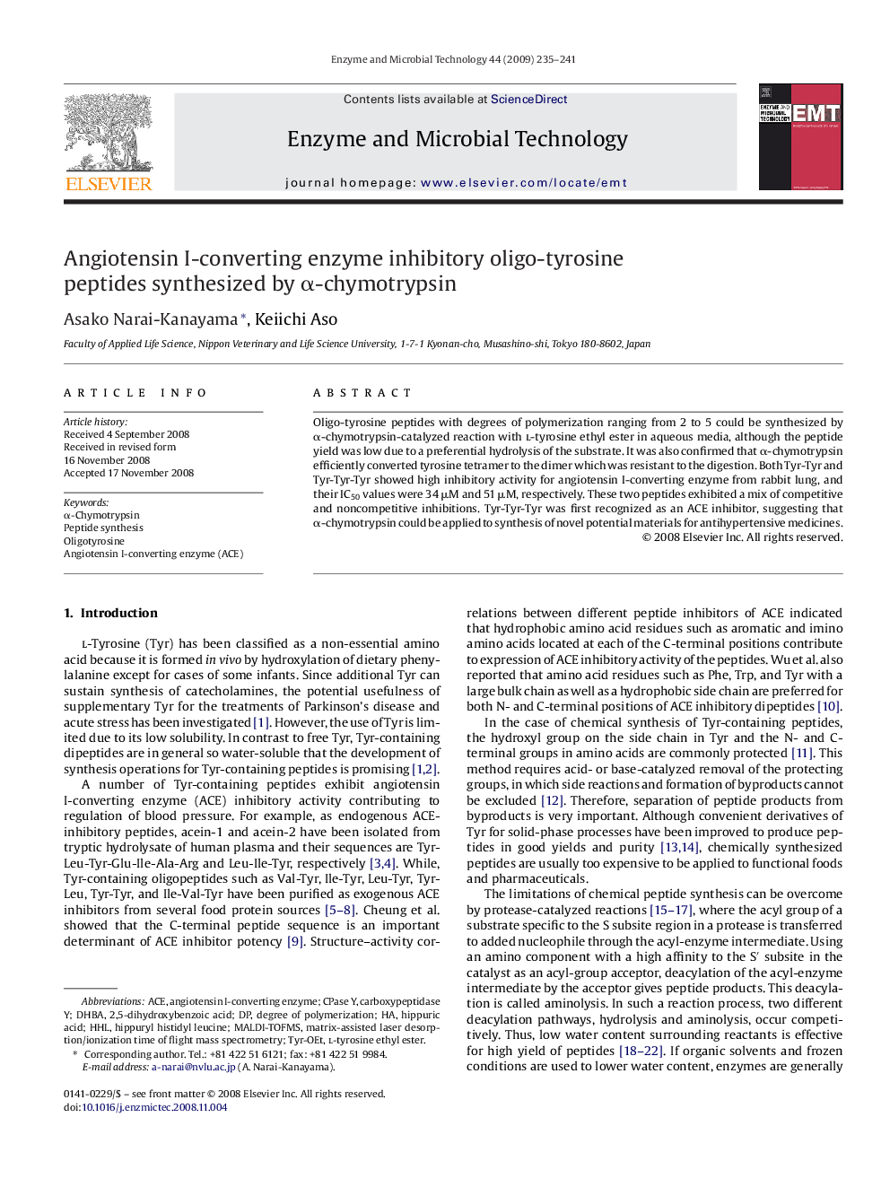 Angiotensin I-converting enzyme inhibitory oligo-tyrosine peptides synthesized by α-chymotrypsin