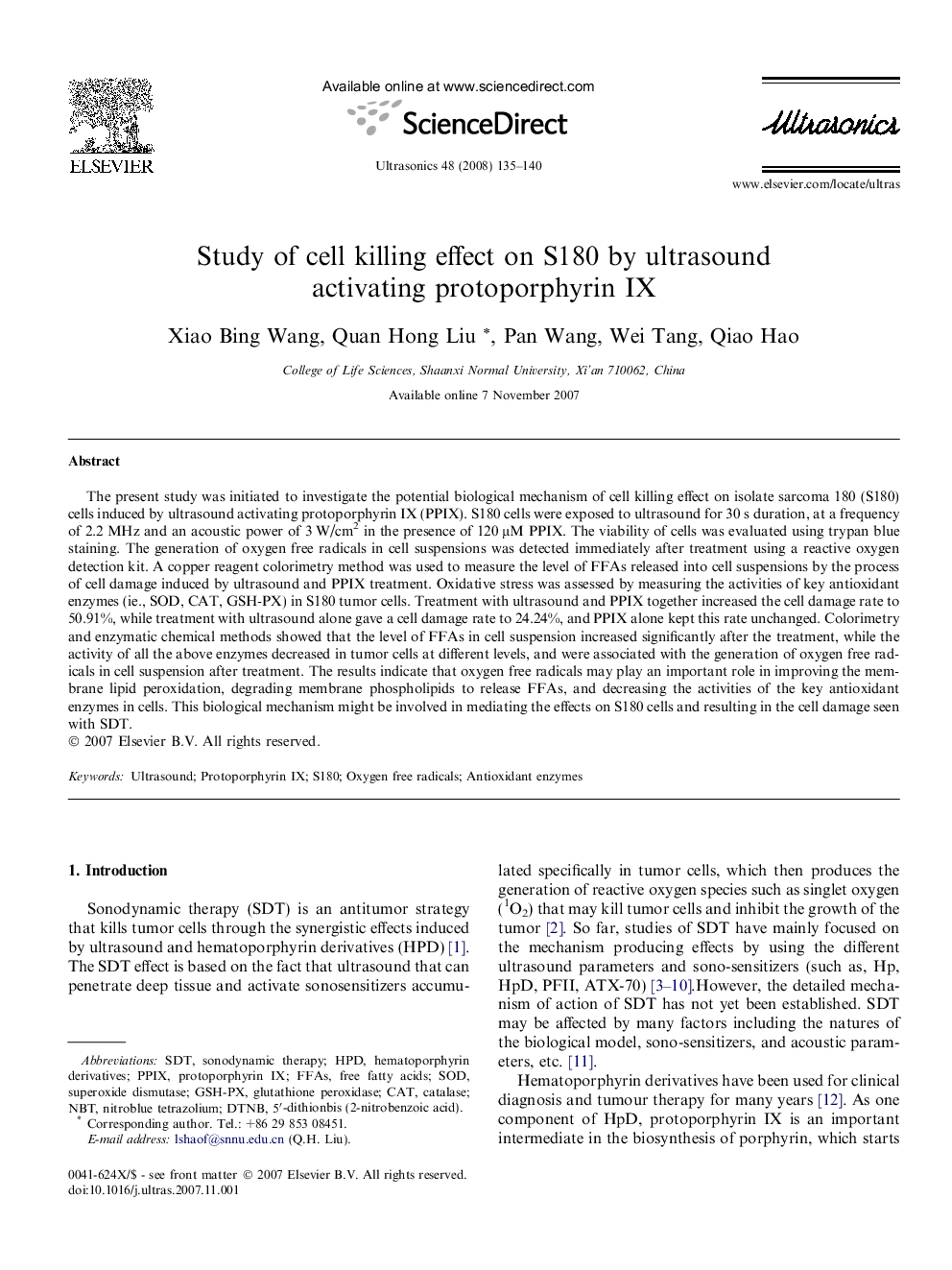 Study of cell killing effect on S180 by ultrasound activating protoporphyrin IX