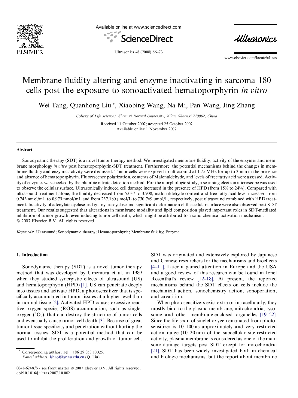 Membrane fluidity altering and enzyme inactivating in sarcoma 180 cells post the exposure to sonoactivated hematoporphyrin in vitro