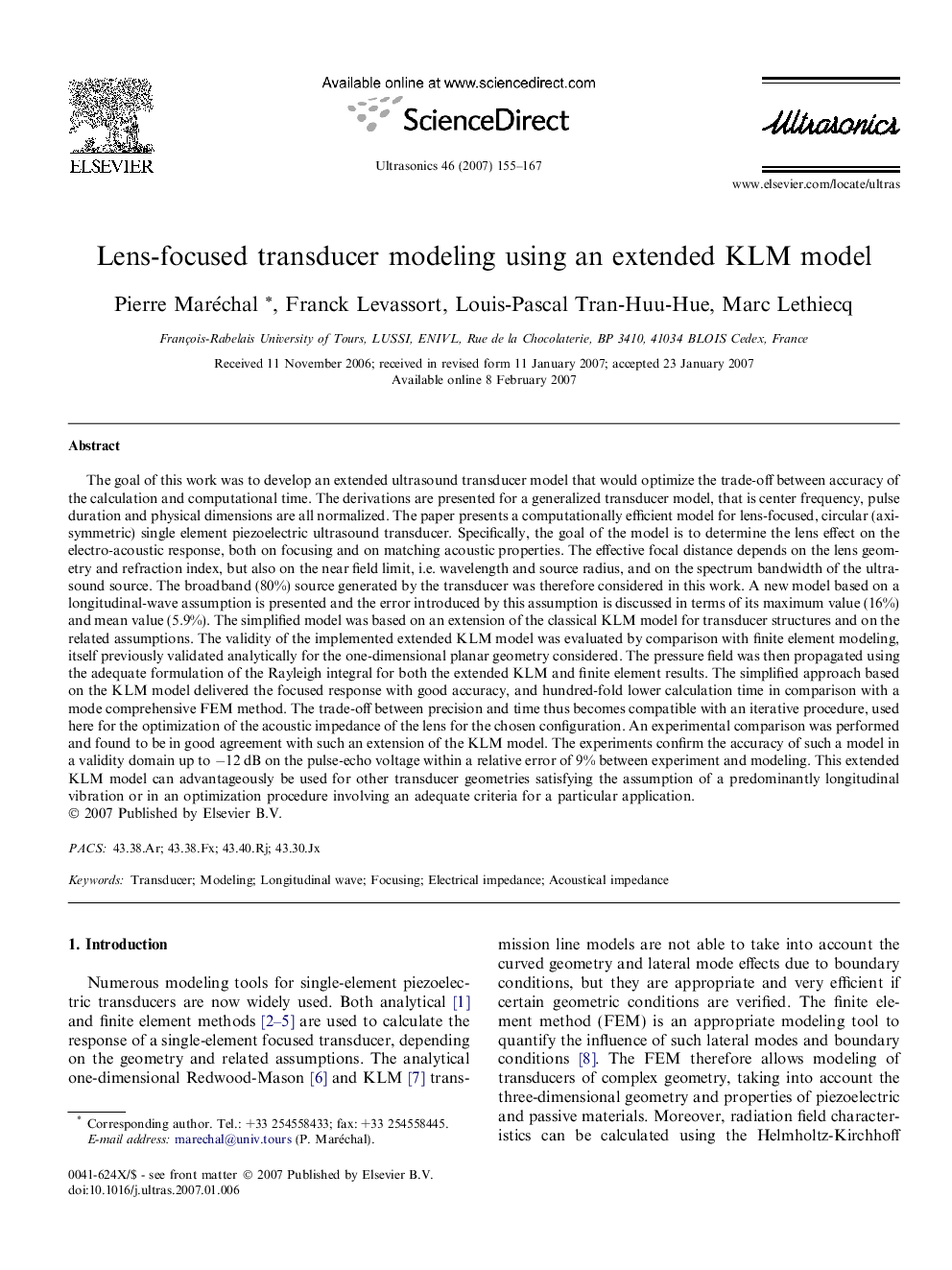 Lens-focused transducer modeling using an extended KLM model