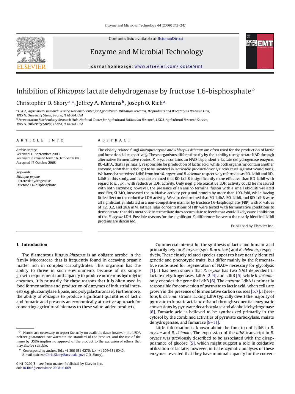 Inhibition of Rhizopus lactate dehydrogenase by fructose 1,6-bisphosphate 