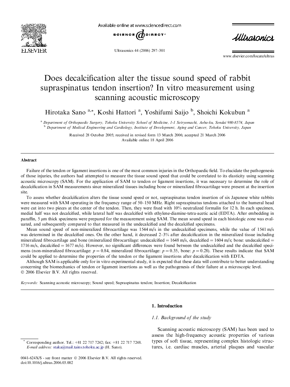 Does decalcification alter the tissue sound speed of rabbit supraspinatus tendon insertion? In vitro measurement using scanning acoustic microscopy