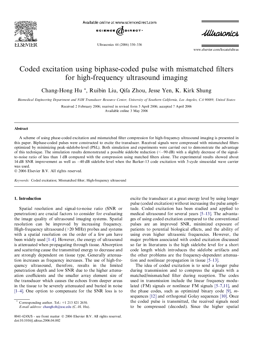 Coded excitation using biphase-coded pulse with mismatched filters for high-frequency ultrasound imaging