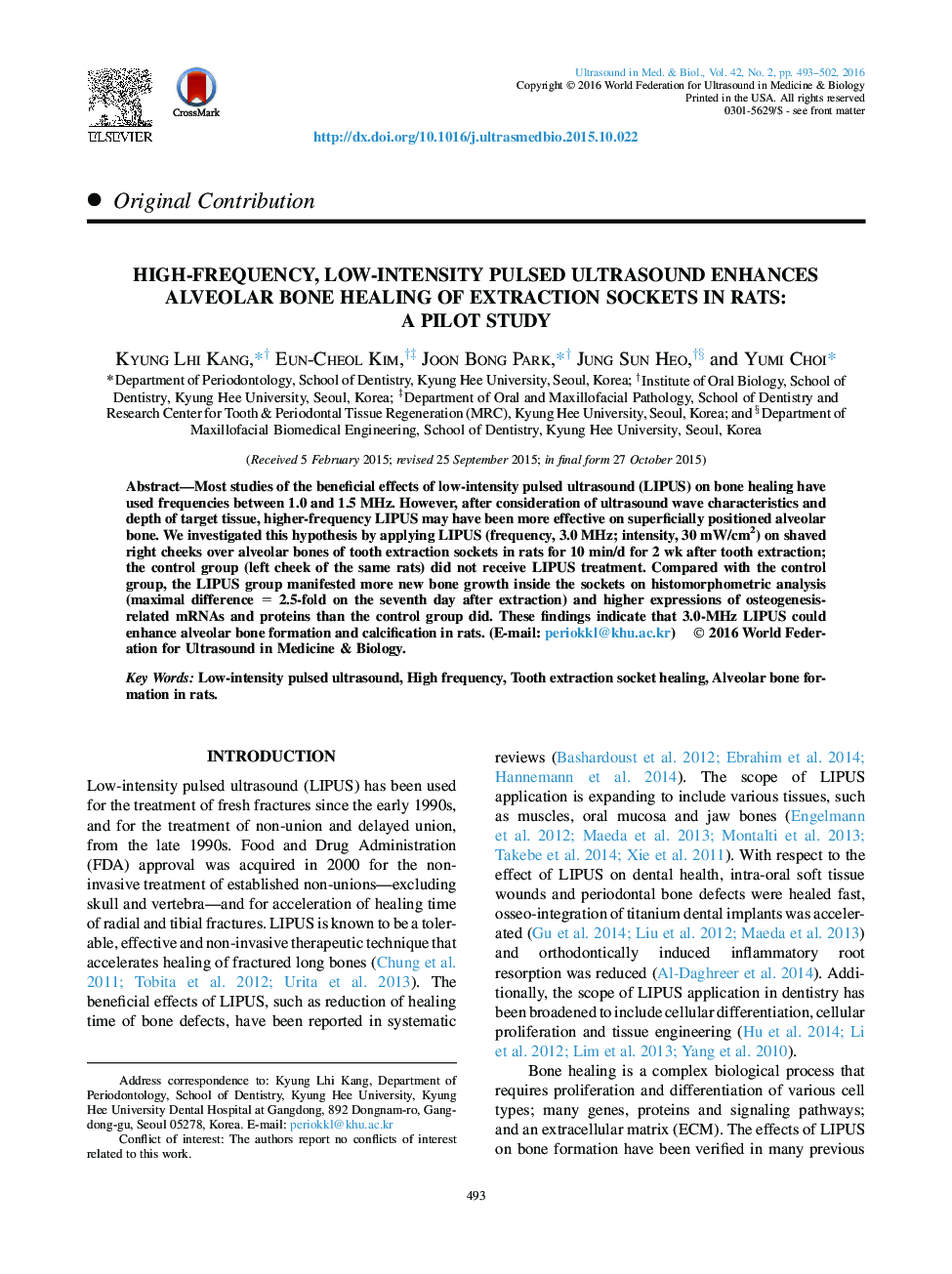 High-Frequency, Low-Intensity Pulsed Ultrasound Enhances Alveolar Bone Healing of Extraction Sockets in Rats: A Pilot Study