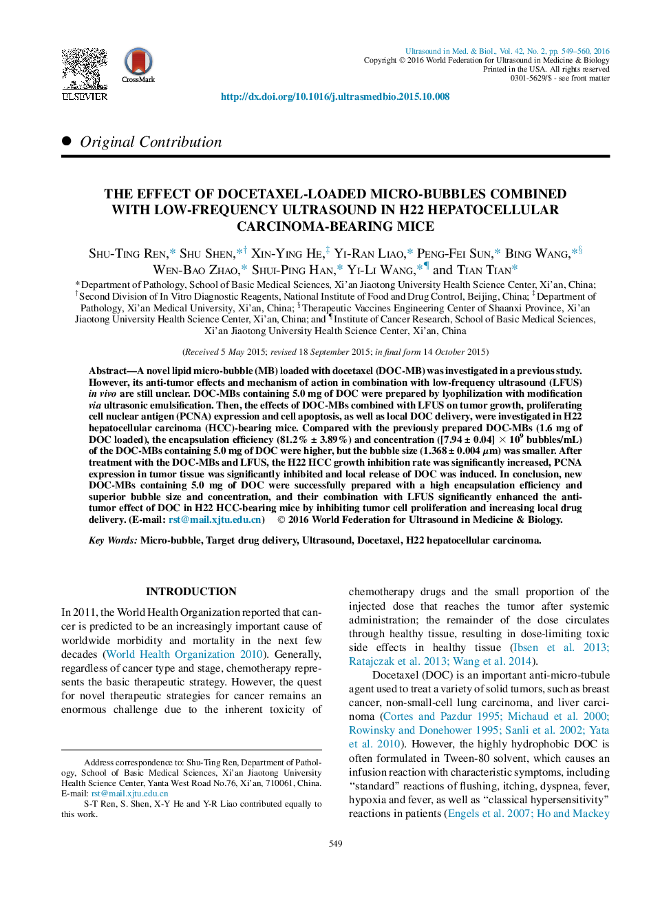 The Effect of Docetaxel-Loaded Micro-Bubbles Combined with Low-Frequency Ultrasound in H22 Hepatocellular Carcinoma-Bearing Mice