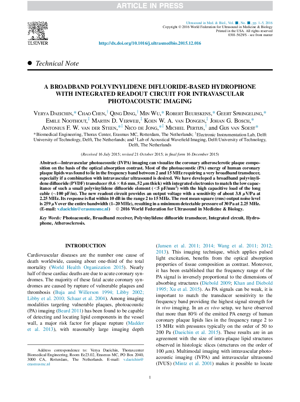 A Broadband Polyvinylidene Difluoride-Based Hydrophone with Integrated Readout Circuit for Intravascular Photoacoustic Imaging