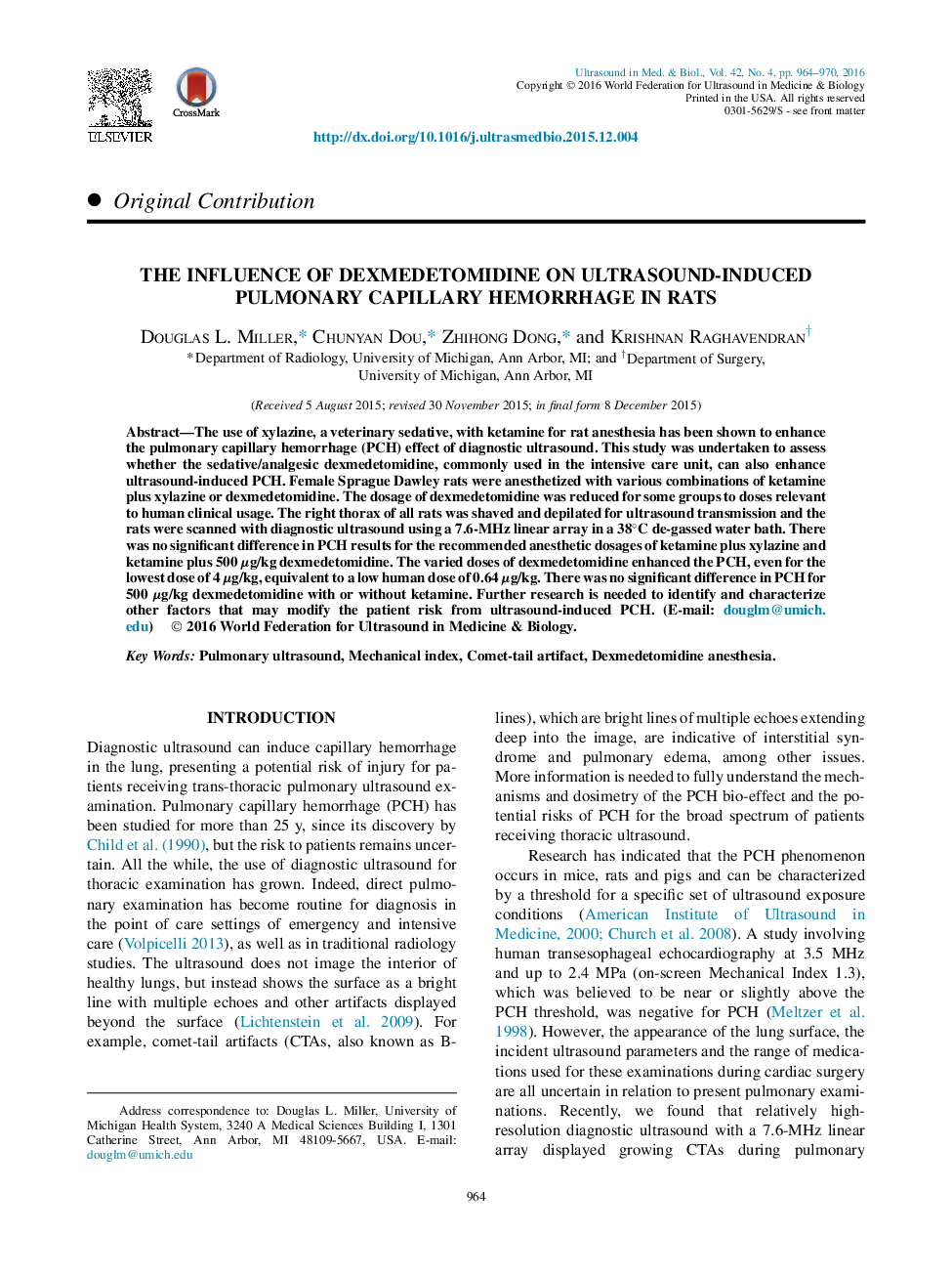 The Influence of Dexmedetomidine on Ultrasound-induced Pulmonary Capillary Hemorrhage in Rats